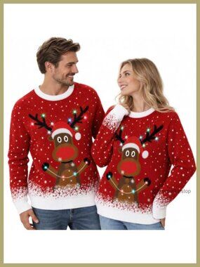 100% Acrylic LED Light Up Ugly Christmas Sweater Reindeer Pullover